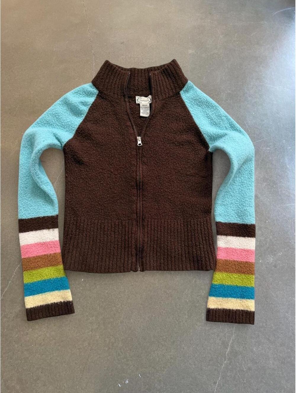 Y2K Next Era Brown Colorblock Zip Up Sweater Multicolor Stripe Sleeves M